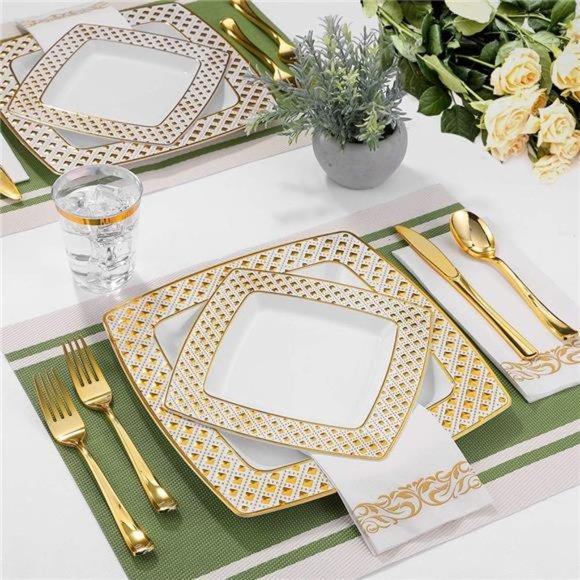175 Piece Gold Dinnerware Set 25 Guest-50 Diamond Square Plastic Plates - Picture 7 of 7